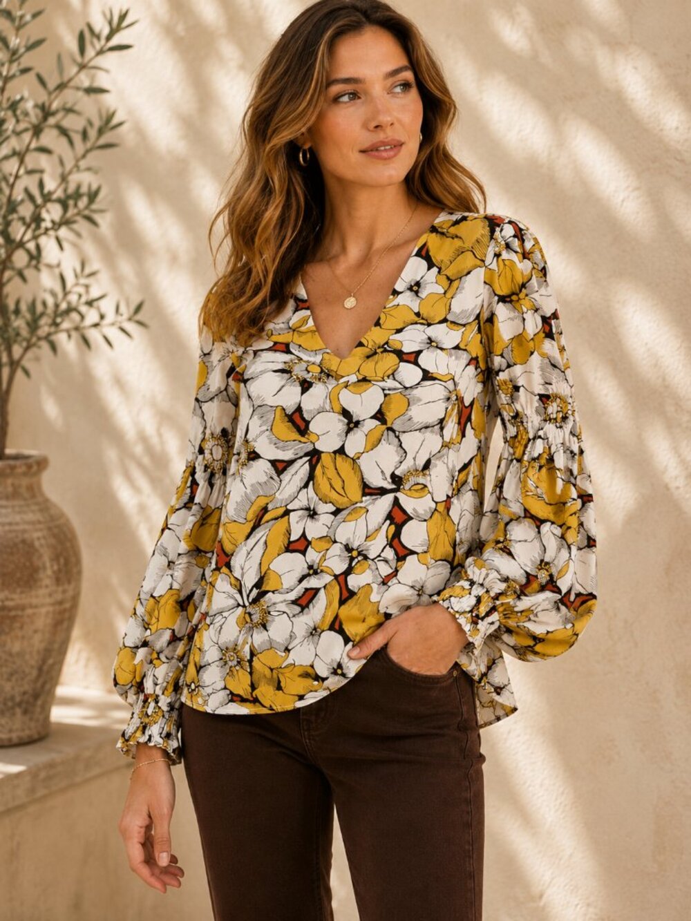 CAbi Sequel Floral Poet Sleeve Blouse Yellow Cream Orange XS